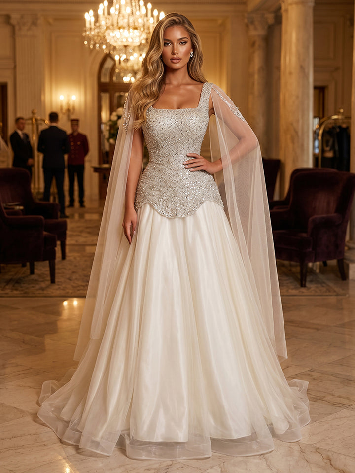 Sequin A Line Square Neck Sash Ruched Evening Dresses