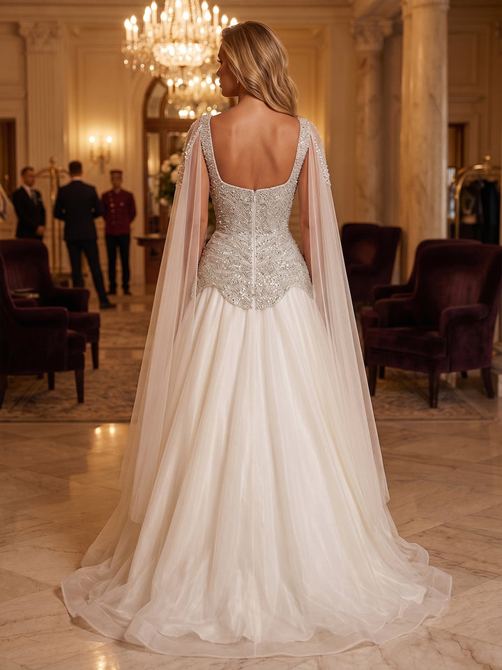 Sequin A Line Square Neck Sash Ruched Evening Dresses