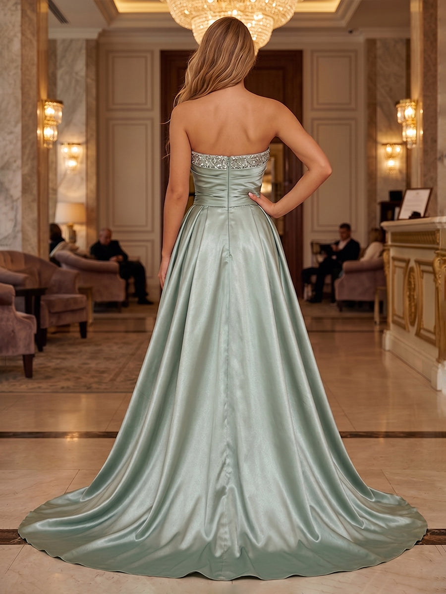 Sequin A Line Strapless Pleats Ruched Evening Dresses
