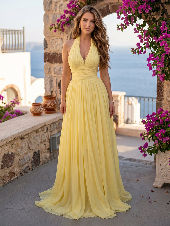 Chiffon A Line Halter Cut Out Ruched Evening Dresses