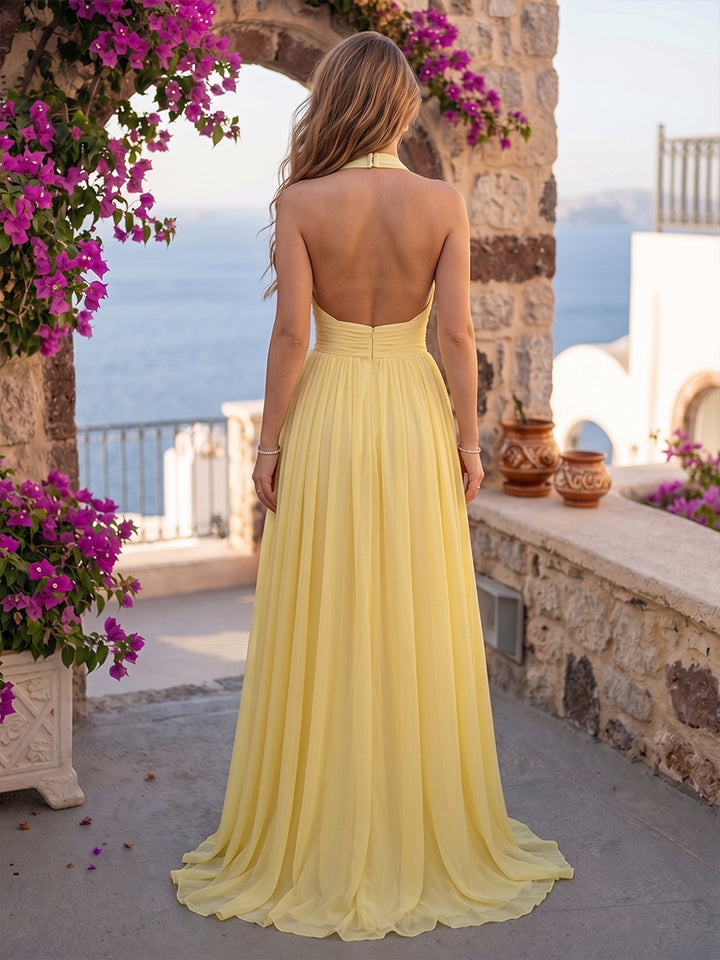 Chiffon A Line Halter Cut Out Ruched Evening Dresses