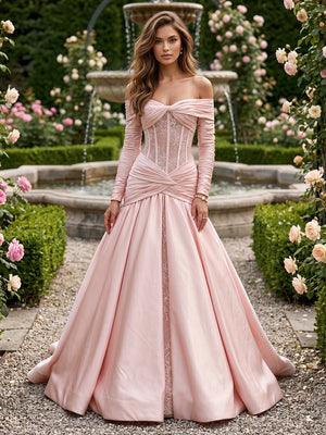Satin A Line Off the Shoulder Lace Pleats Evening Dresses