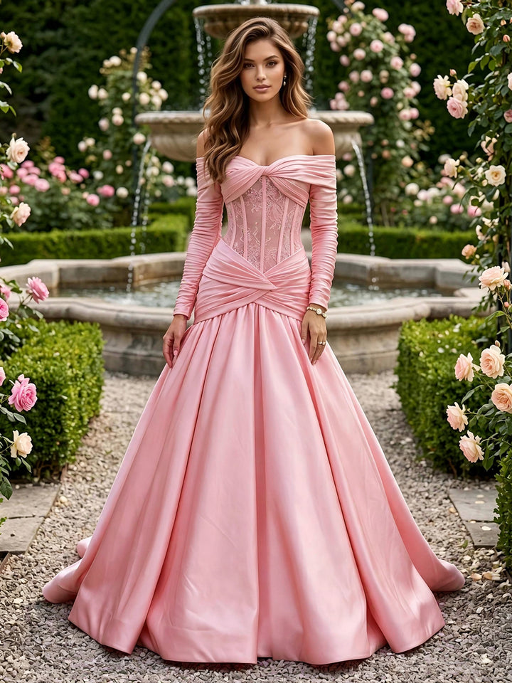 Satin A Line Off the Shoulder Lace Pleats Evening Dresses