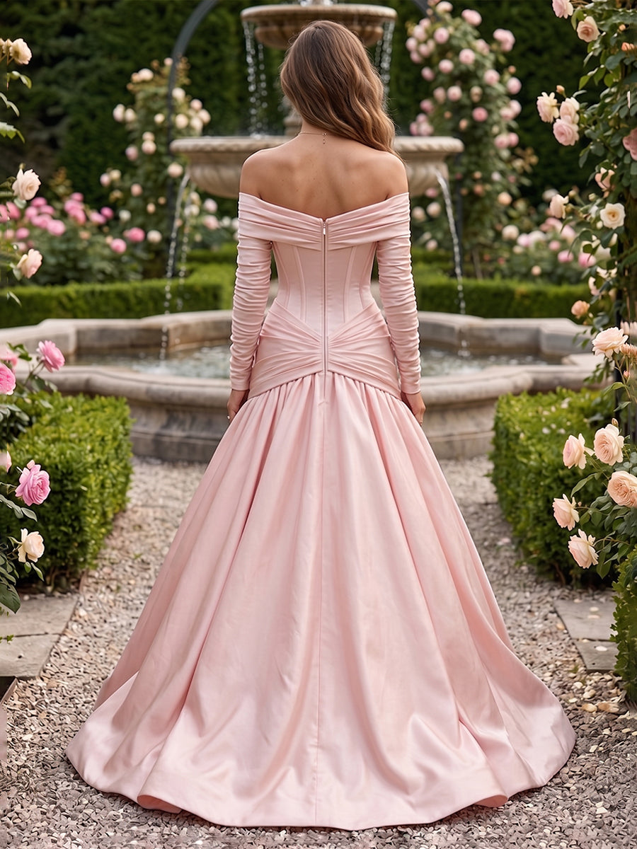 Satin A Line Off the Shoulder Lace Pleats Evening Dresses