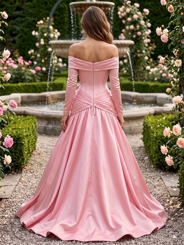 Satin A Line Off the Shoulder Lace Pleats Evening Dresses