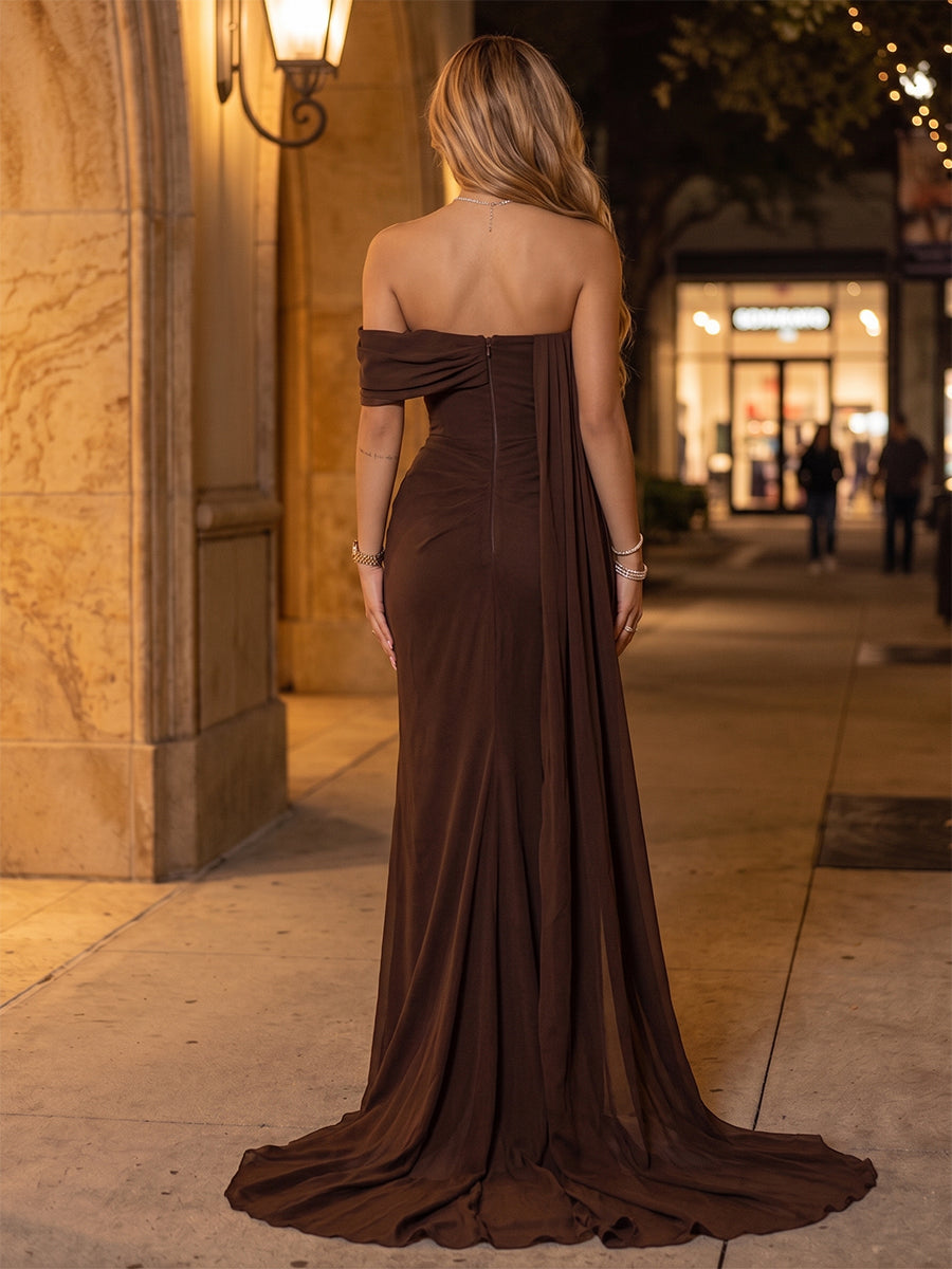 Satin Mermaid Off the Shoulder Side Slit Pleats Evening Dresses