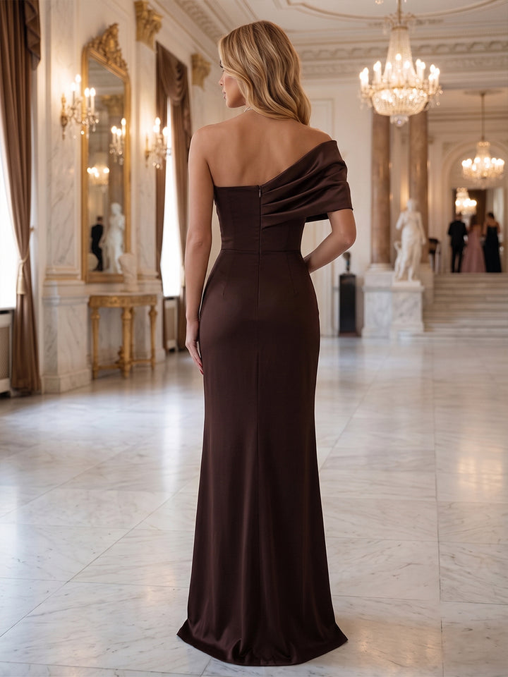 Satin Mermaid Off the Shoulder Ruched Side Slit Evening Dresses