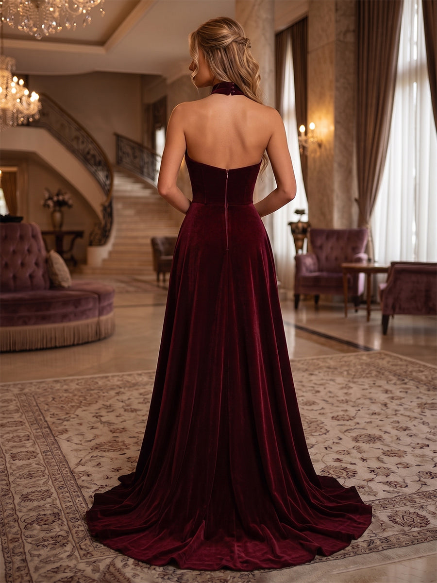Velvet A Line Halter 3D Flowers Ruched Evening Dresses
