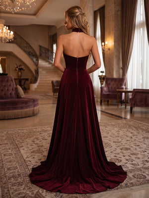 Velvet A Line Halter 3D Flowers Ruched Evening Dresses