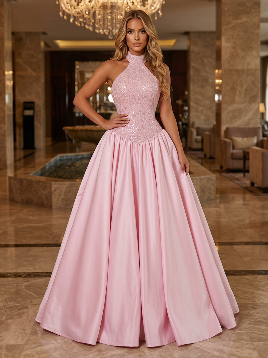 Satin A Line Halter Sequin Ruched Evening Dresses