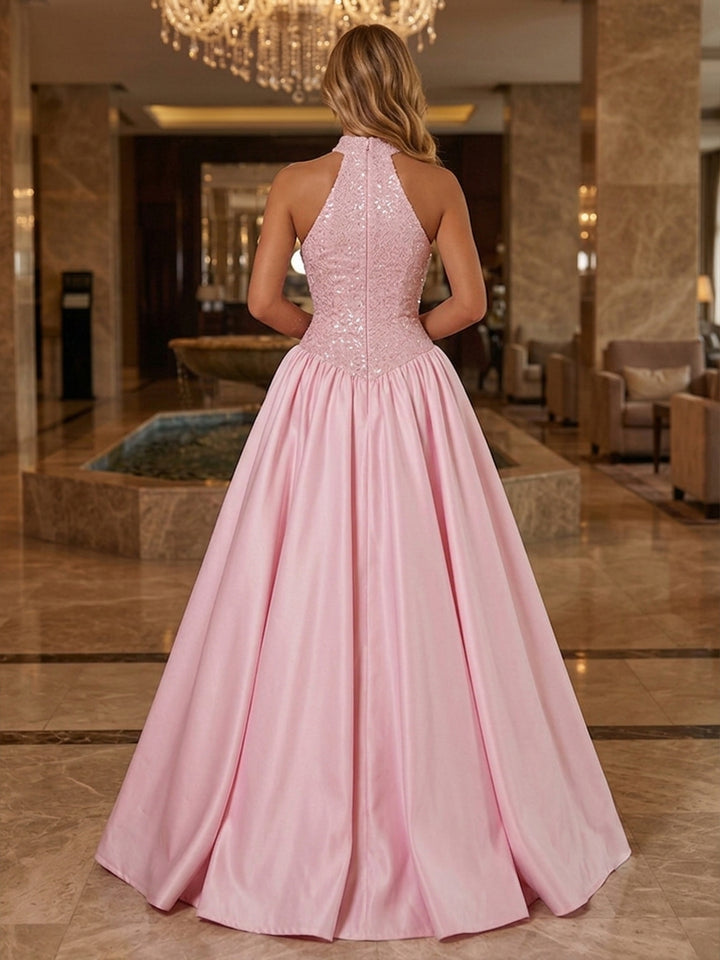 Satin A Line Halter Sequin Ruched Evening Dresses