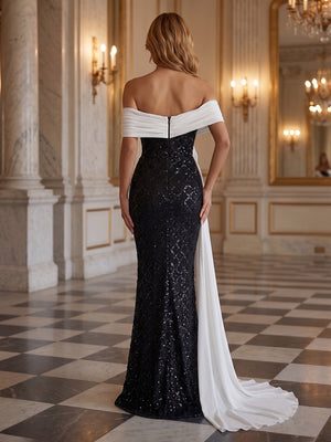 Sequin Mermaid Off the Shoulder 3D Flowers Ruched Evening Dresses