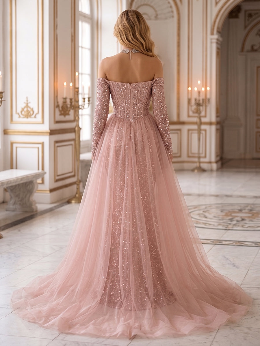 Sequin A Line Off the Shoulder Corset Ruched Evening Dresses