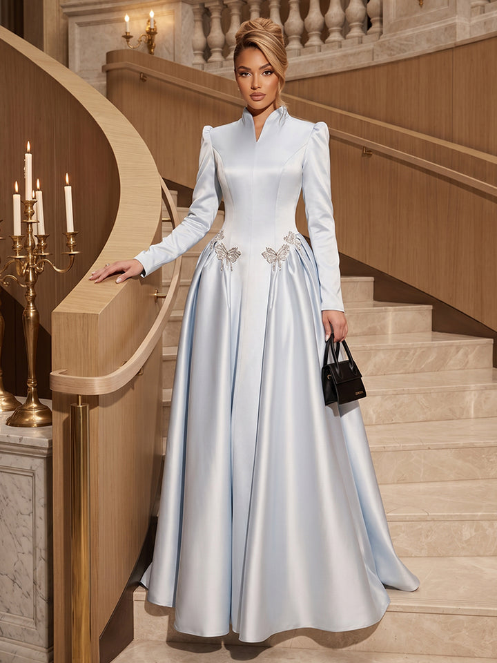 Satin A Line High Neck Sequin Ruched Evening Dresses