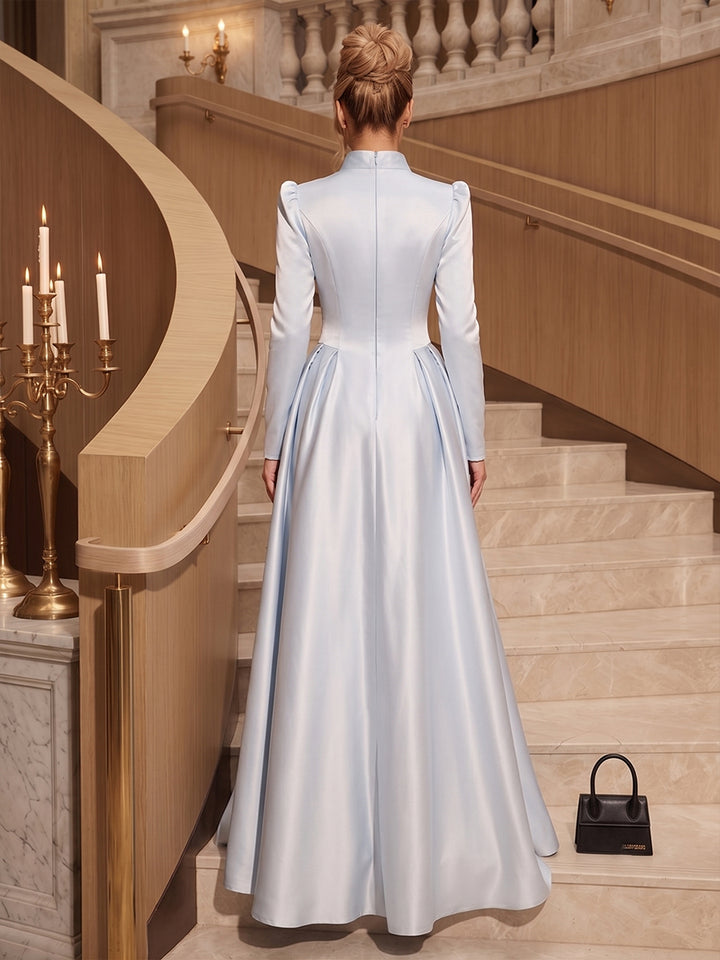 Satin A Line High Neck Sequin Ruched Evening Dresses