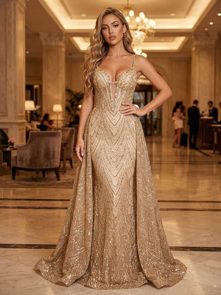 Sequin A Line Spaghetti Straps Cut Out Ruched Evening Dresses