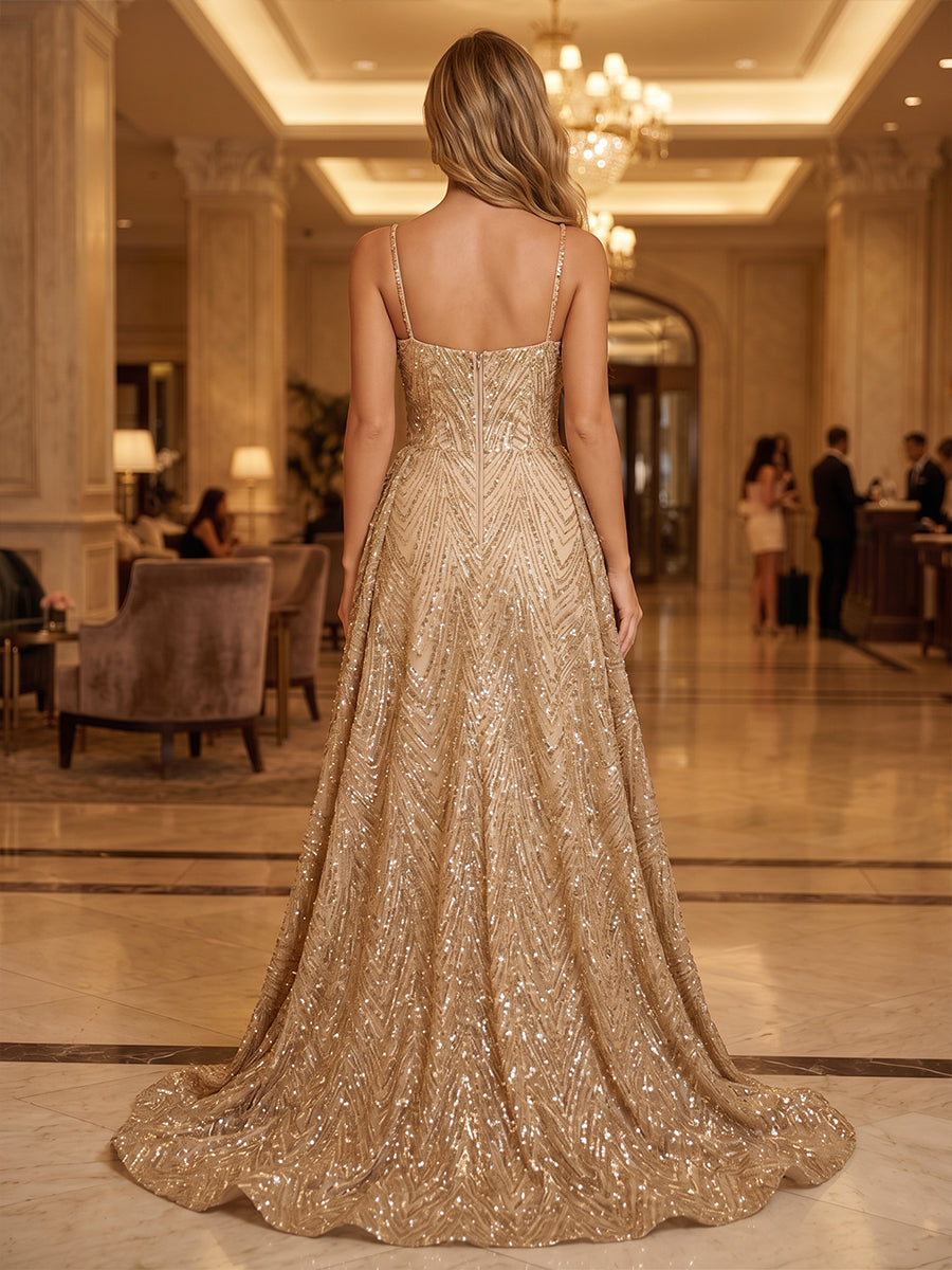 Sequin A Line Spaghetti Straps Cut Out Ruched Evening Dresses