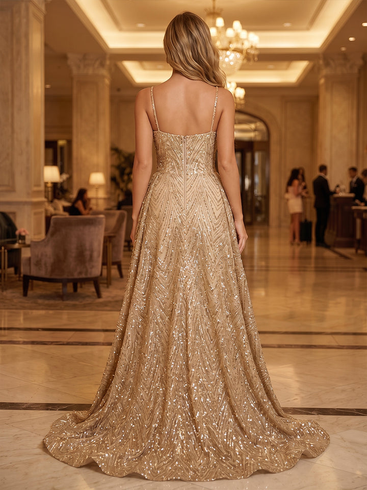 Sequin A Line Spaghetti Straps Cut Out Ruched Evening Dresses