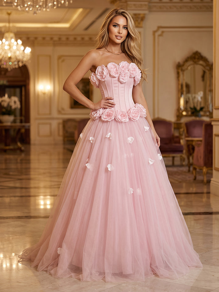 Tulle A Line Strapless Corset Pleats Evening Dresses