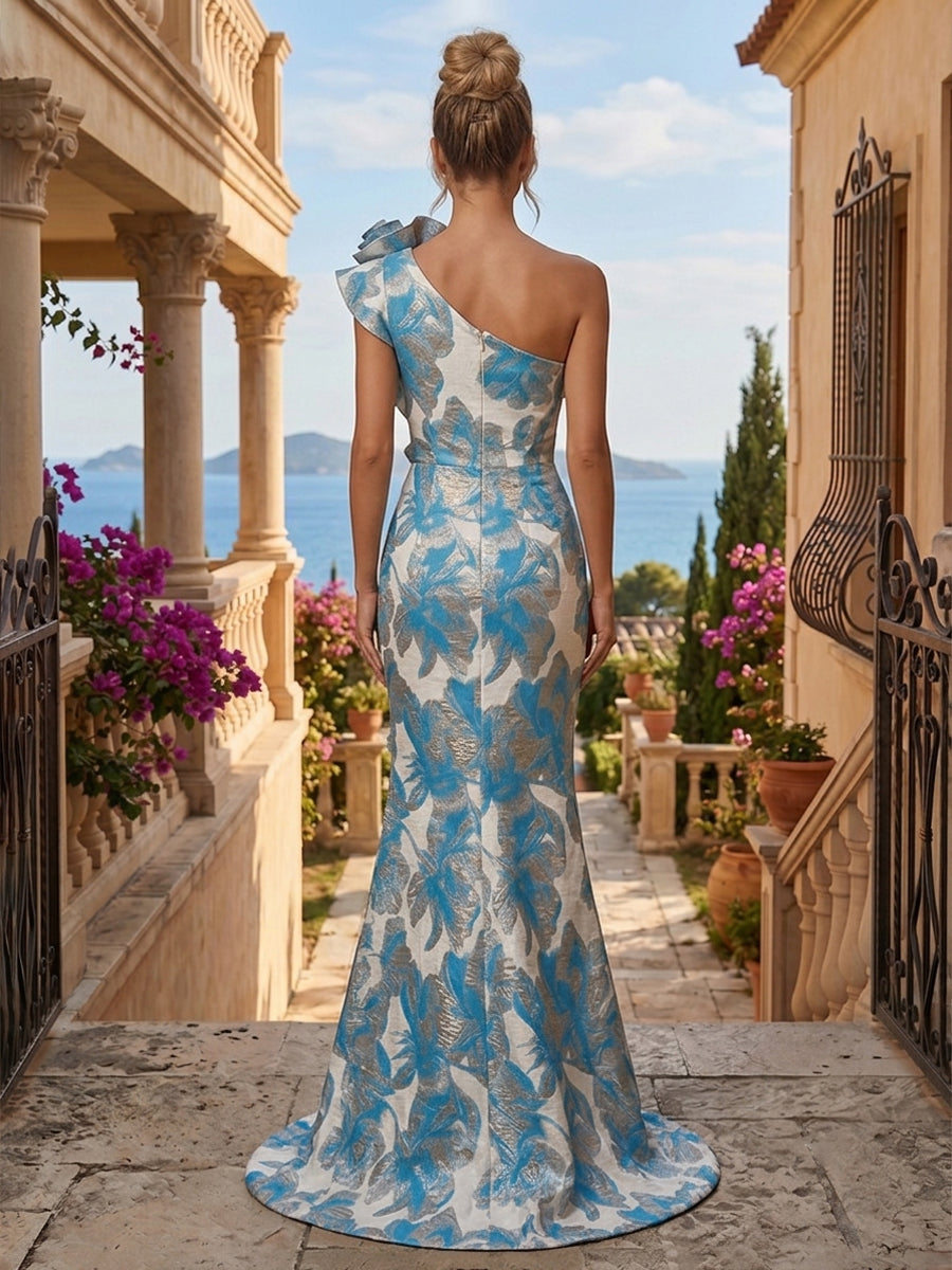 Jacquard Mermaid One Shoulder 3D Flowers Side Slit Evening Dresses