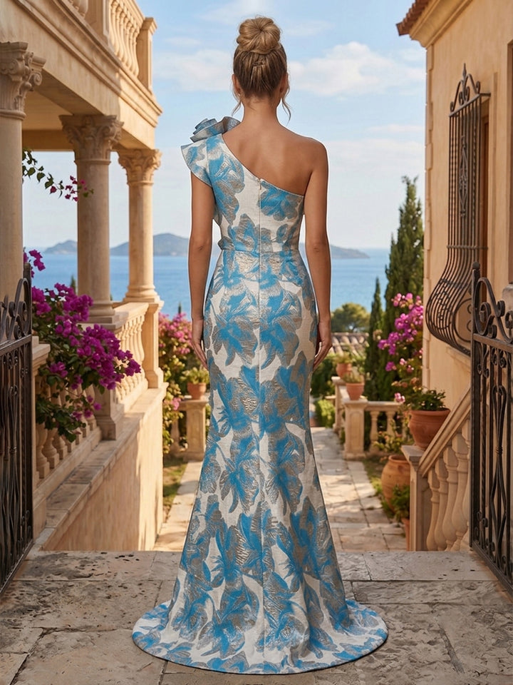 Jacquard Mermaid One Shoulder 3D Flowers Side Slit Evening Dresses