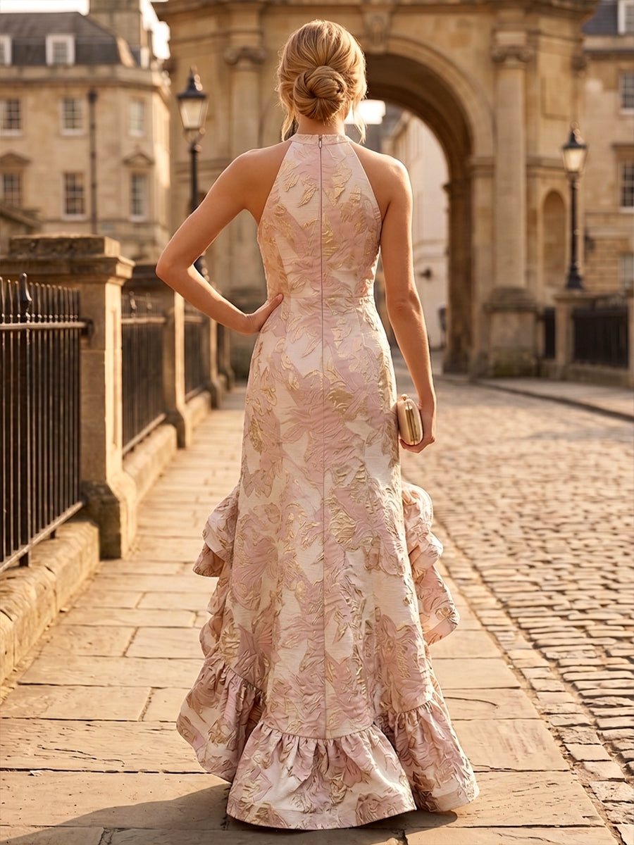 Jacquard High Low Halter Ruffles Front Slit Evening Dresses