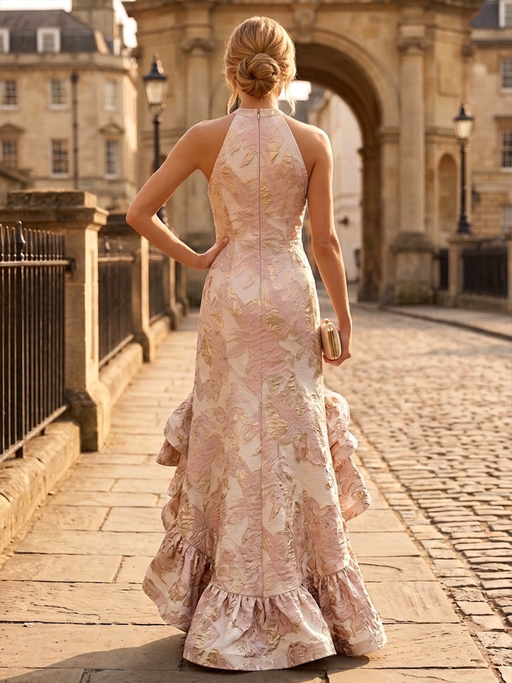 Jacquard High Low Halter Ruffles Front Slit Evening Dresses