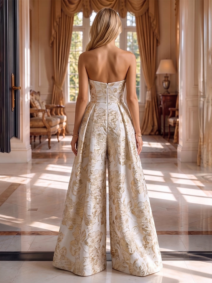 Jacquard Jumpsuit Strapless Pleats Ruched Evening Dresses