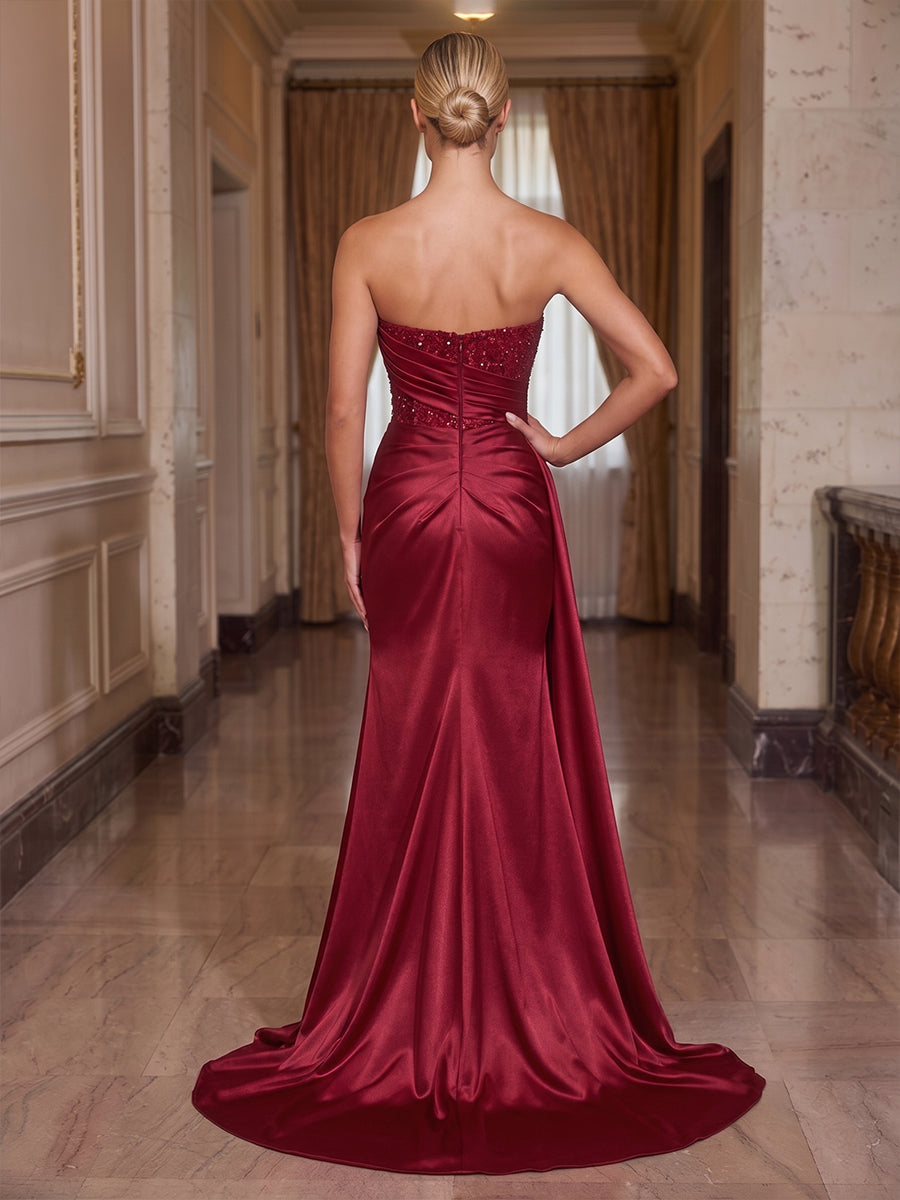 Satin Mermaid Strapless Sequin Ruched Evening Dresses