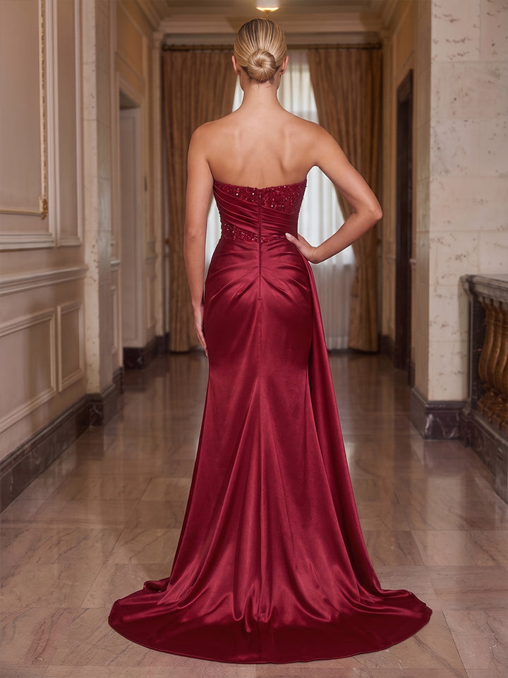 Satin Mermaid Strapless Sequin Ruched Evening Dresses