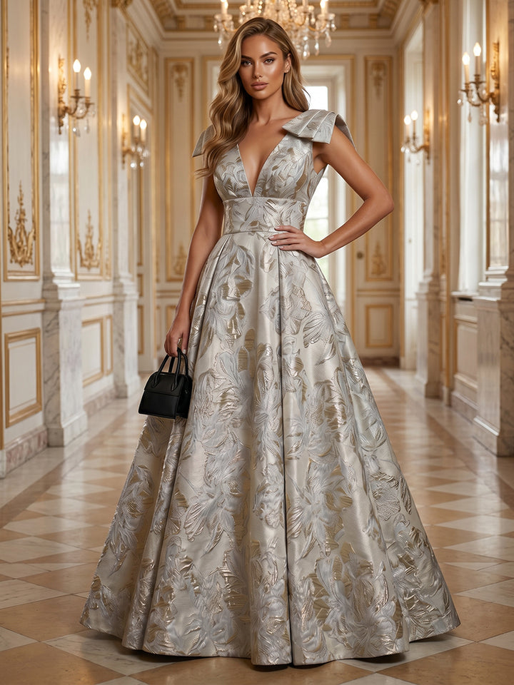 Jacquard A Line V Neck Bow Ruched Evening Dresses