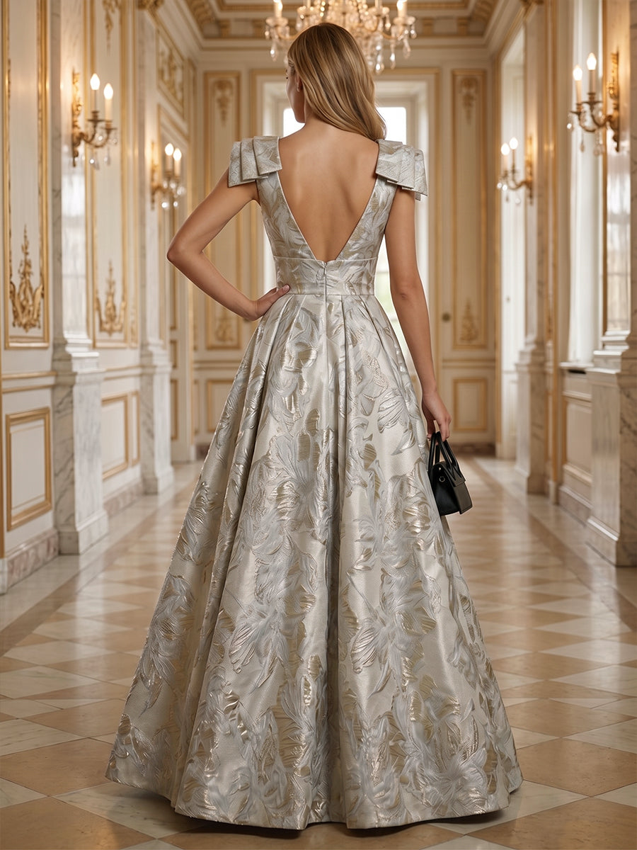 Jacquard A Line V Neck Bow Ruched Evening Dresses