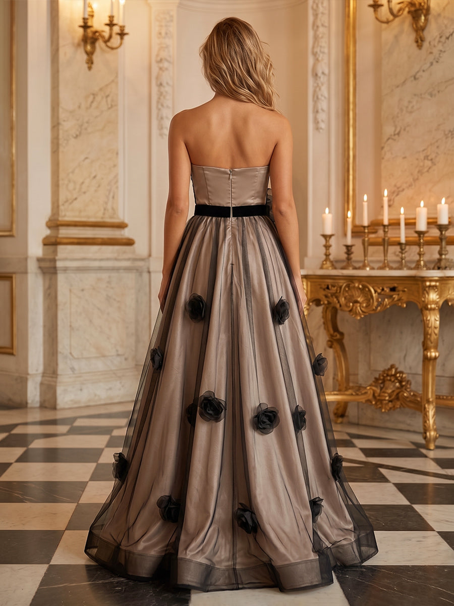 Tulle A Line Strapless 3D Flowers Ruched Evening Dresses