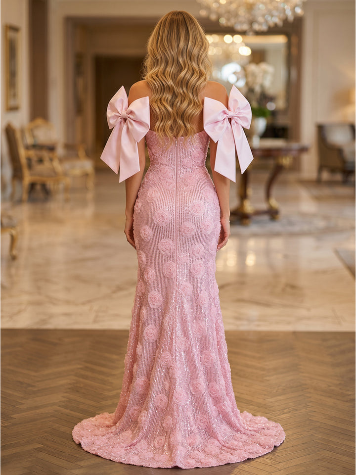 Sequin Mermaid Off the Shoulder Bow Ruched Evening Dresses