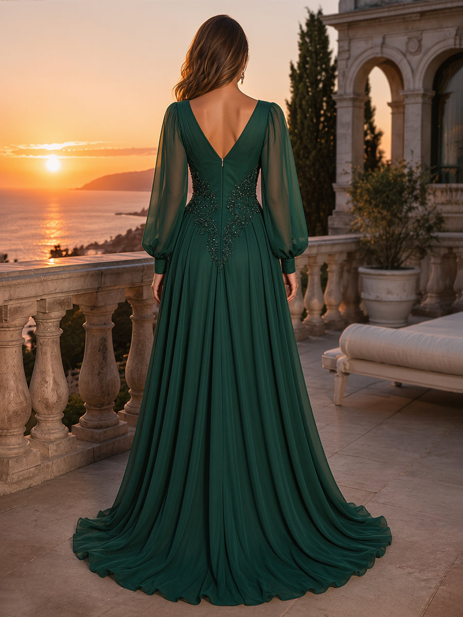 Chiffon A Line V Neck Sequin Pleats Evening Dresses