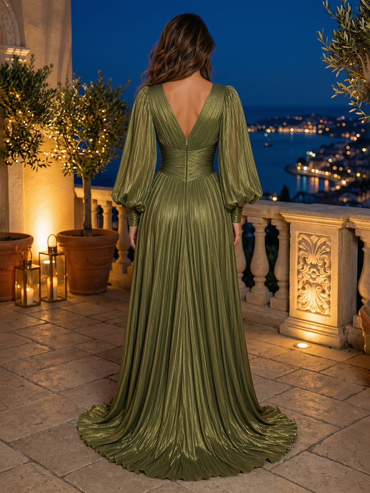 Metallic Satin Mermaid V Neck Sequin Pleats Evening Dresses