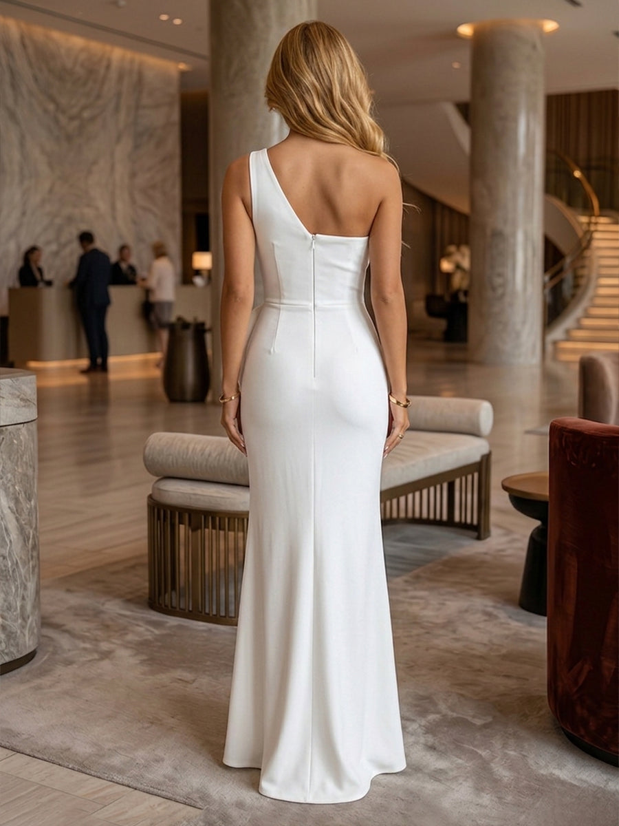Satin Mermaid One Shoulder Ruffles Ruched Evening Dresses