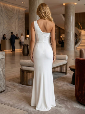 Satin Mermaid One Shoulder Ruffles Ruched Evening Dresses