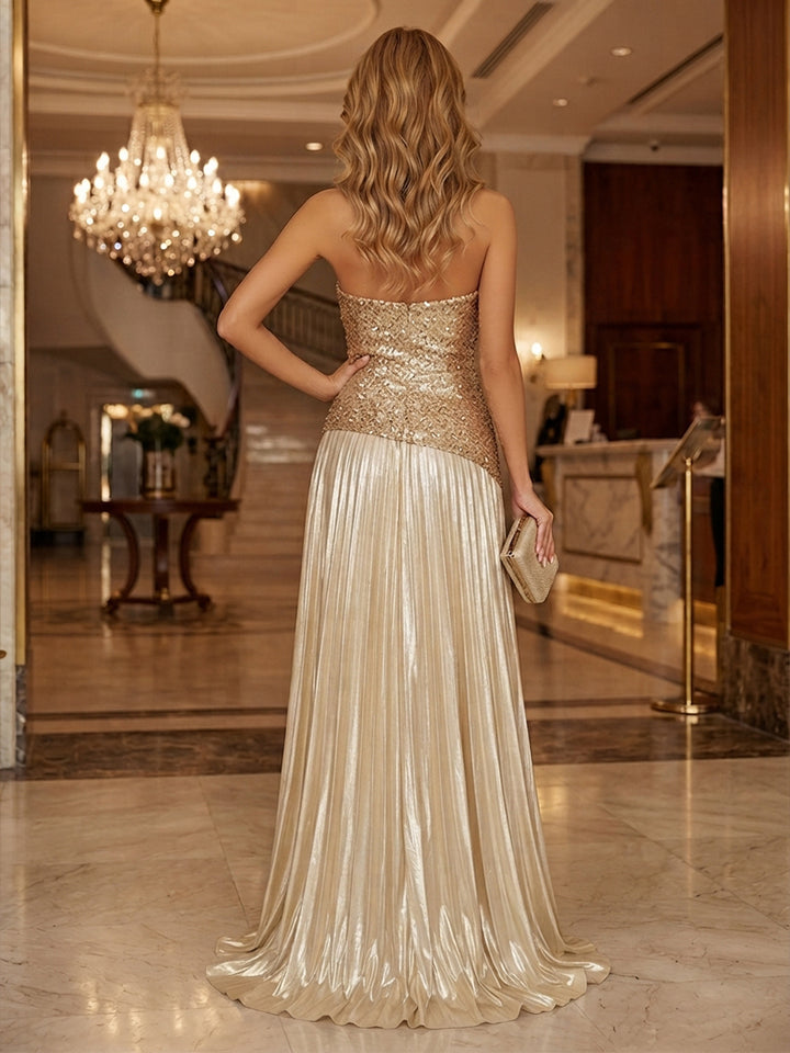 Metallic Satin Mermaid Strapless Sequin Ruched Evening Dresses