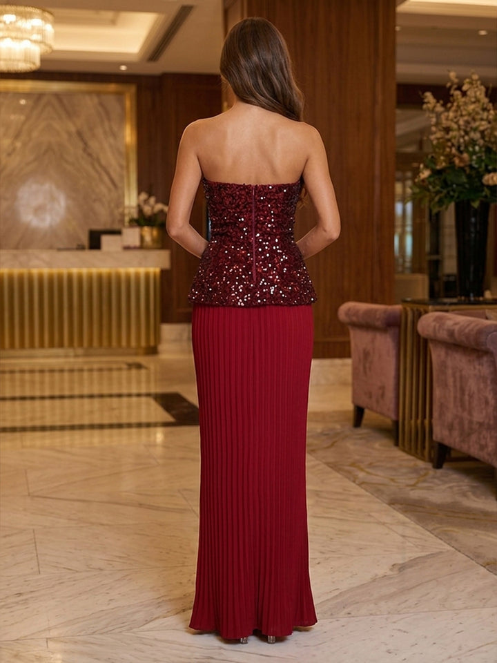 Chiffon Mermaid Strapless Sequin Ruched Evening Dresses