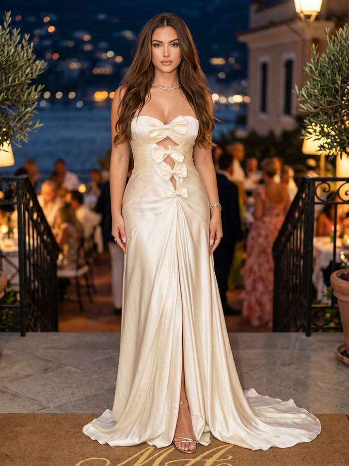 Satin Mermaid Strapless Bow Side Slit Evening Dresses