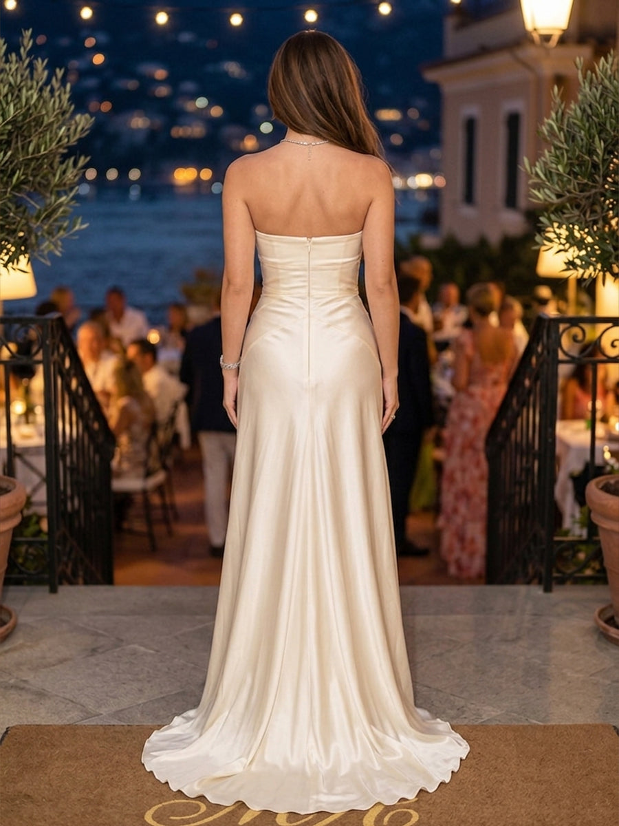 Satin Mermaid Strapless Bow Side Slit Evening Dresses