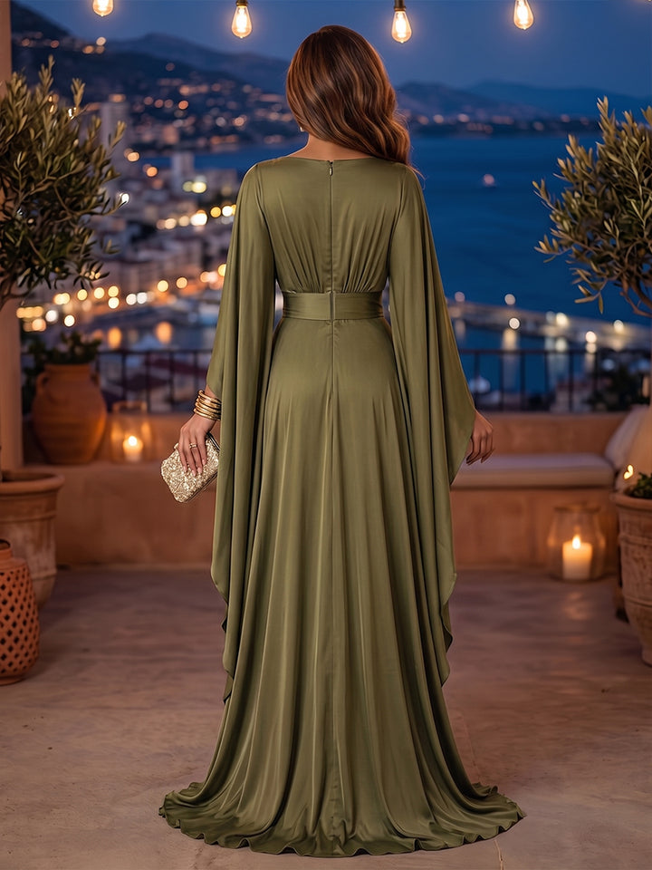 Satin A Line V Neck Ruffles Pleats Evening Dresses