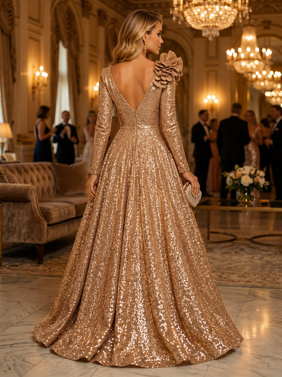 Sequin A Line V Neck 3D Flowers Ruched Evening Dresses