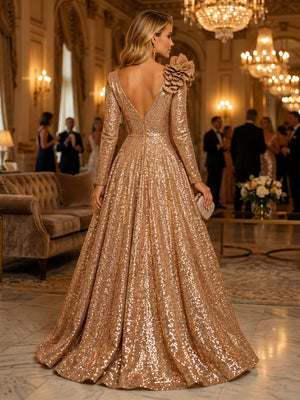 Sequin A Line V Neck 3D Flowers Ruched Evening Dresses