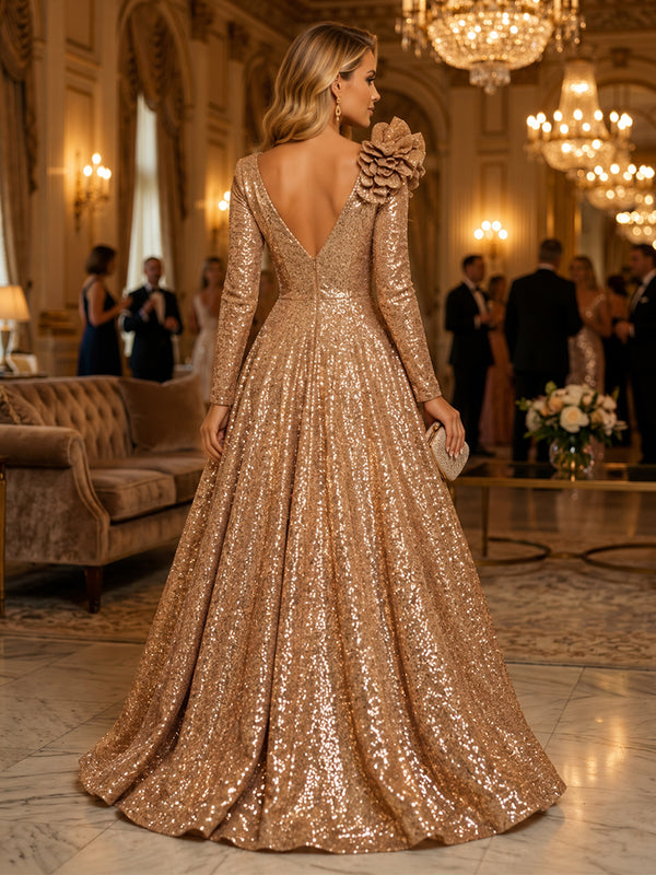 Sequin A Line V Neck 3D Flowers Ruched Evening Dresses