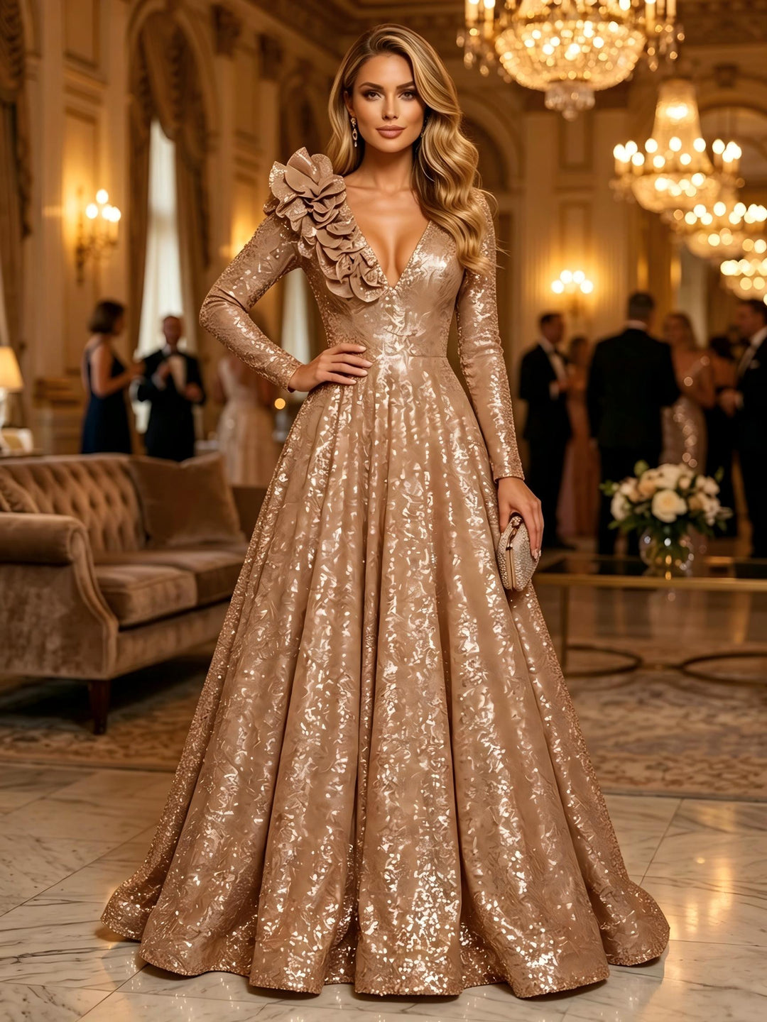 Sequin A Line V Neck 3D Flowers Ruched Evening Dresses