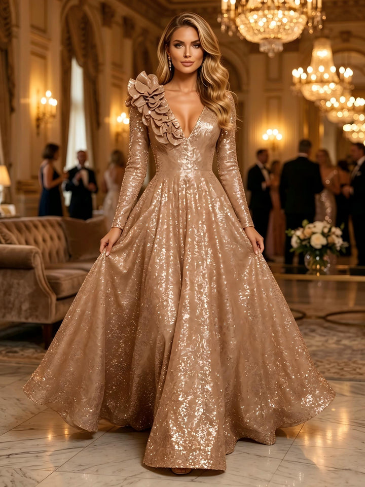 Sequin A Line V Neck 3D Flowers Ruched Evening Dresses