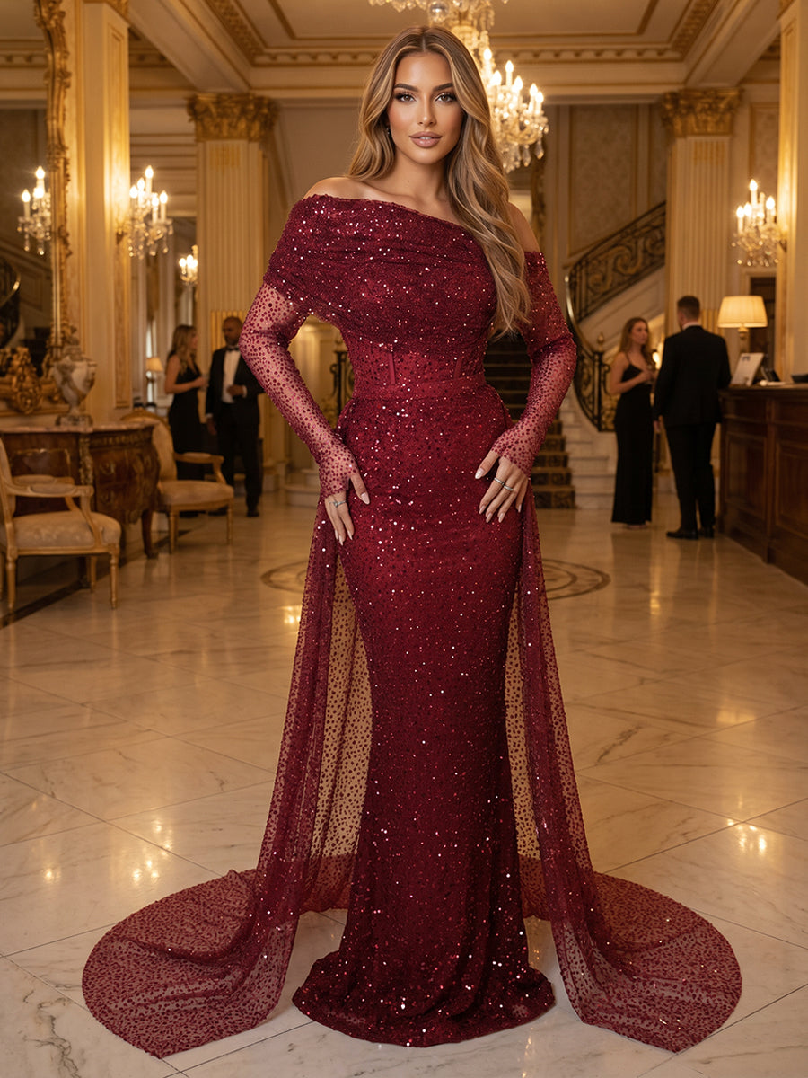 Sequin Mermaid Off the Shoulder Corset Ruched Evening Dresses