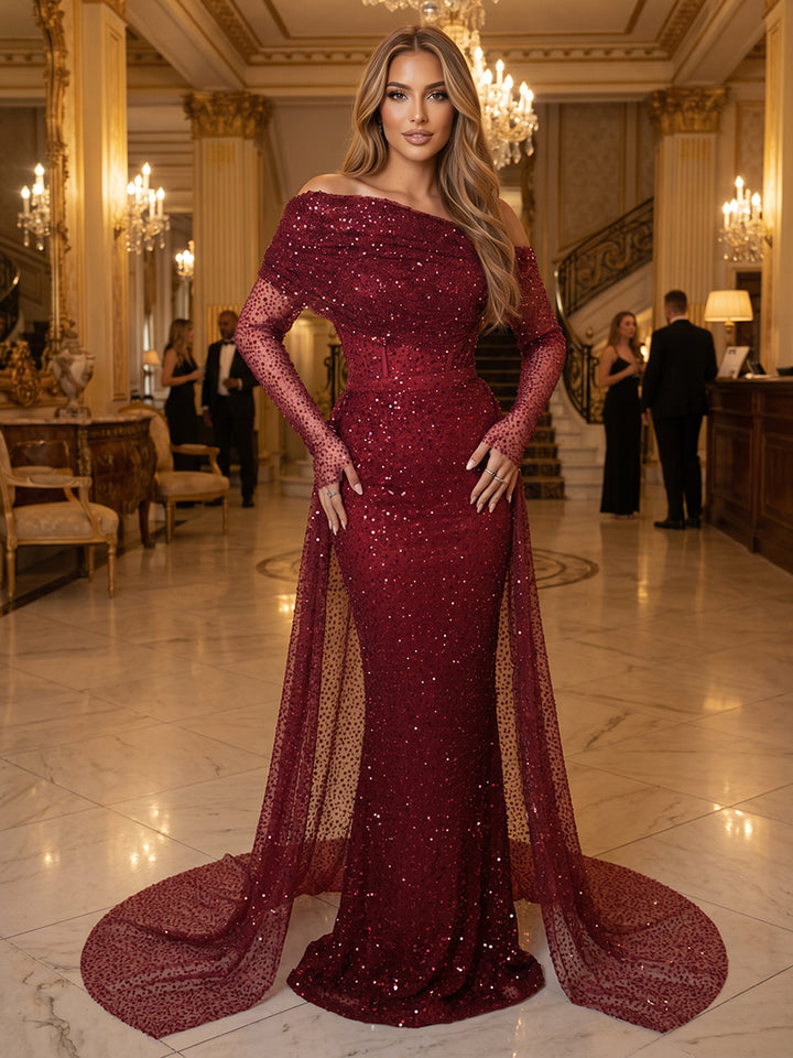 Sequin Mermaid Off the Shoulder Corset Ruched Evening Dresses